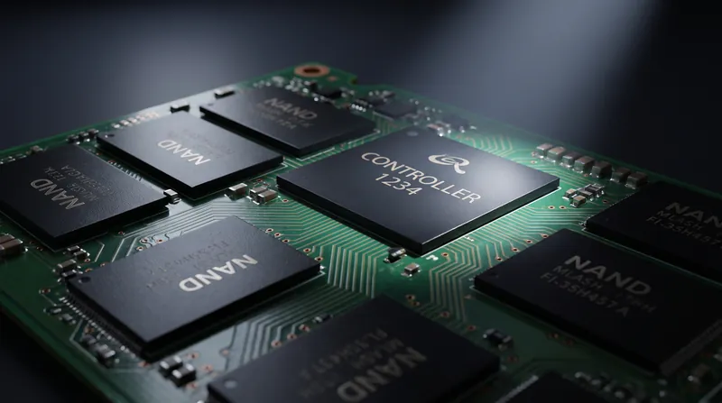 Macro photograph of black NAND flash memory chips soldered onto a green solid-state drive circuit board.