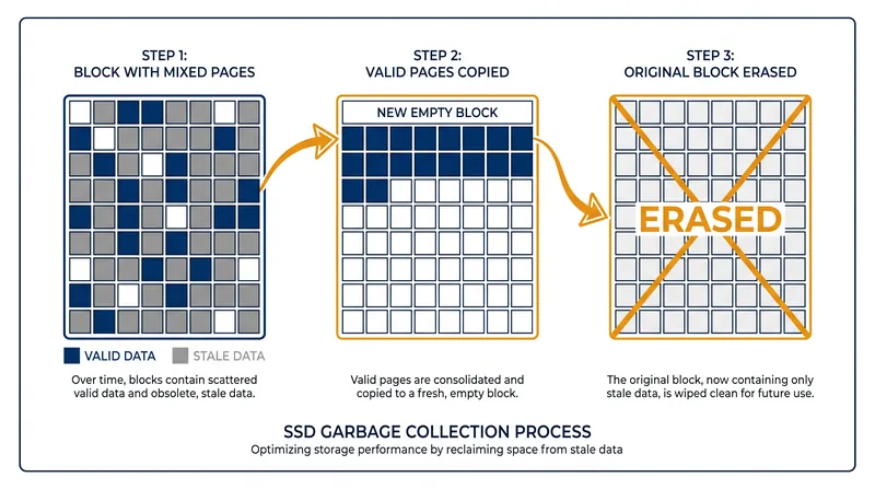 Garbage collection consolidates valid data into new blocks, allowing the controller to erase old blocks and reclaim space.
