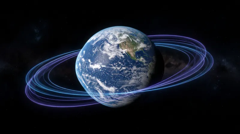 A 3D visualization of Earth from space showing glowing orbital paths shifting over time due to the planet's equatorial bulge.