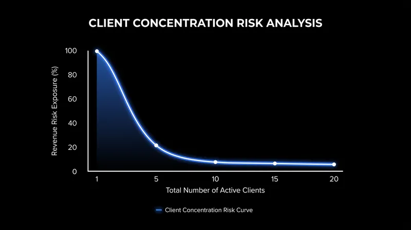 Risk exposure drops significantly once a freelancer maintains a minimum viable roster of 10 or more active clients.