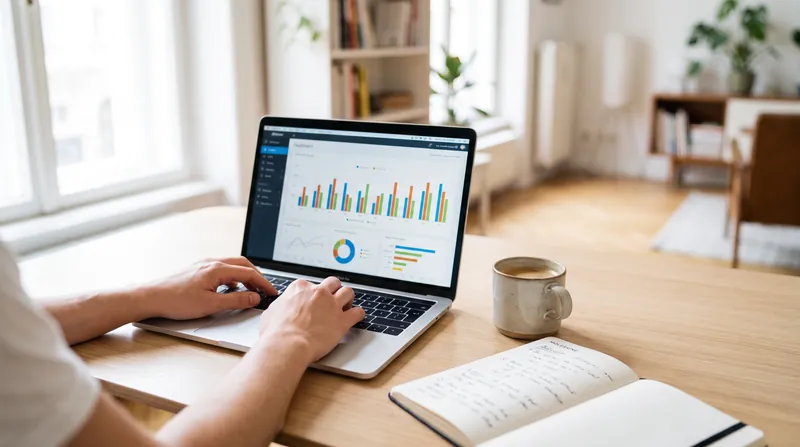 A freelancer analyzes revenue charts on a laptop at a bright wooden desk.
