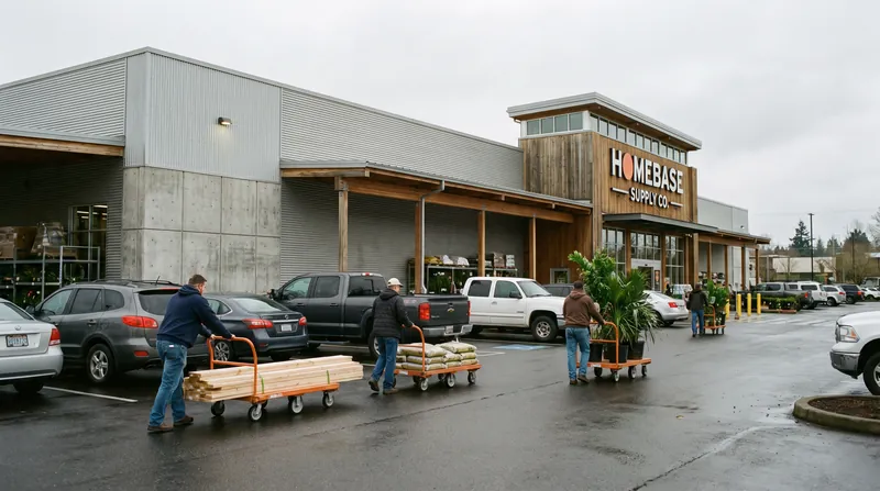 Customers pushing flatbed carts with building materials outside a large home improvement retail store.