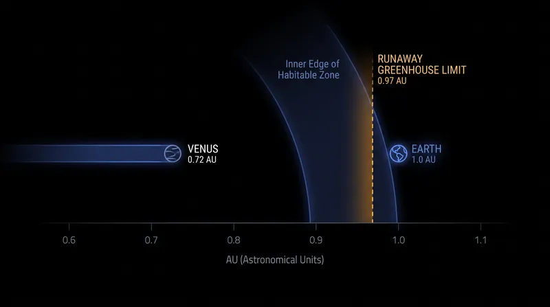 One-dimensional climate models place the runaway greenhouse threshold just inside Earth's orbit.