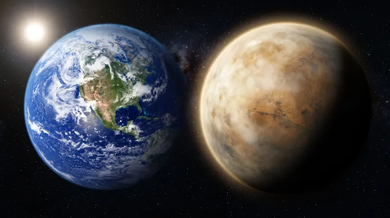 Illustration comparing a blue, water-rich Earth-like planet with a cloud-covered, desiccated Venus-like planet in space.