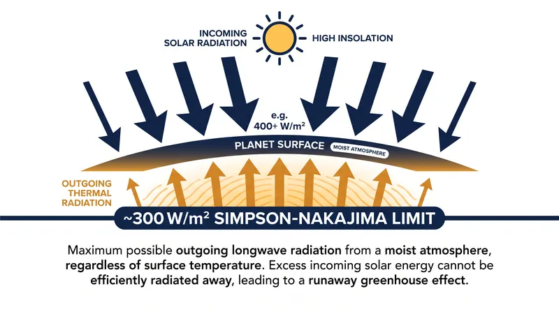 Once a planet's absorbed stellar energy exceeds its maximum outgoing thermal radiation, the surface temperature rises uncontrollably.