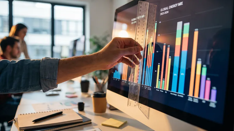 A designer holds a physical ruler against a computer monitor to measure a bar chart.