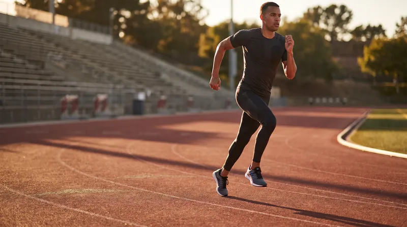 An athletic runner in mid-stride on an outdoor red synthetic track during a sunny day.