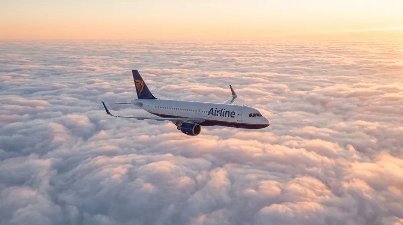A commercial airliner flying smoothly above a dense, textured layer of white clouds at sunset.