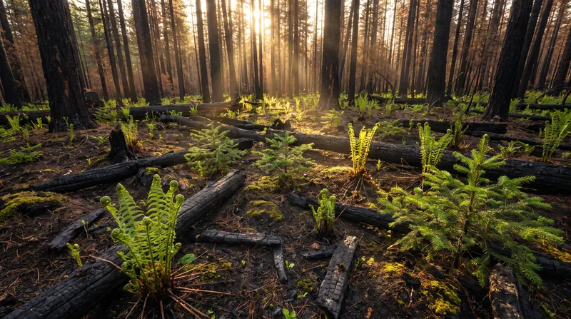 Bright green ferns and small saplings growing out of blackened, charred soil in a forest recently burned by wildfire.