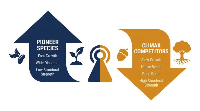 Organisms face a strict energy budget, forcing a biological trade-off between rapid dispersal and structural dominance.