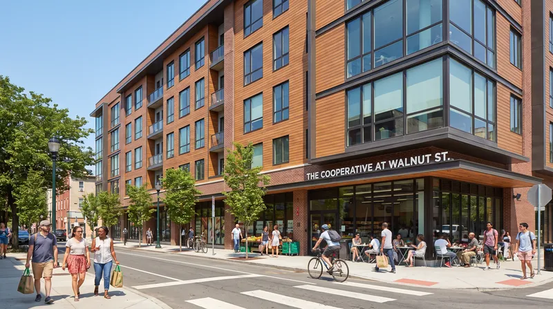 A modern mid-rise apartment building with large windows and street-level retail in a sunny urban neighborhood.