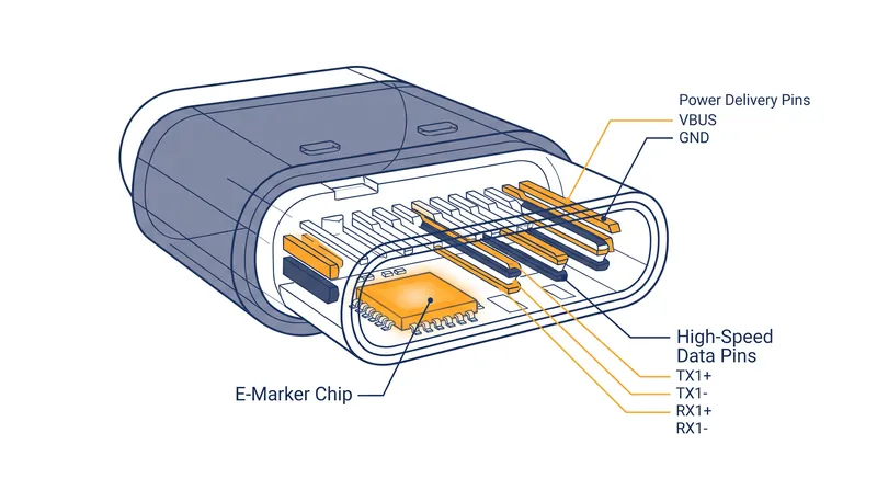 Host devices interrogate the E-Marker chip before sending high-wattage power or high-speed data.