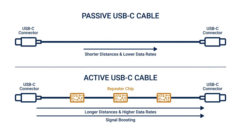 Active cables use signal repeaters to push 40 Gbps data beyond the 0.8-meter physical limit of passive copper.
