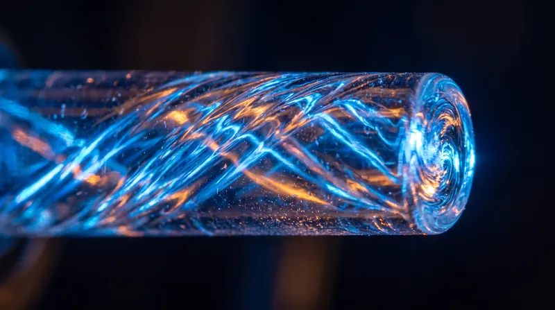 Macro photograph of a glowing fiber optic glass core illuminated with intense blue and amber laser light.