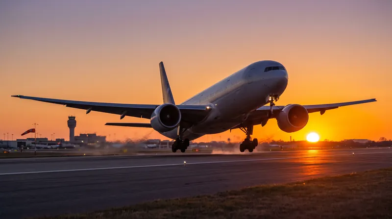 A large commercial passenger jet lifting its nose wheel off the runway during takeoff at sunrise.
