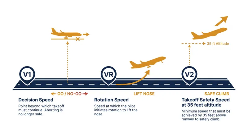 The sequence of V1, VR, and V2 dictates the critical decision points during the takeoff roll.