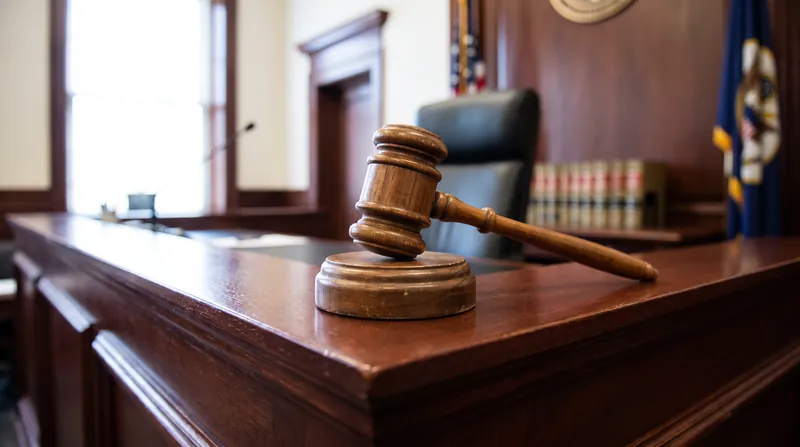 A wooden gavel resting on a judge's bench in a brightly lit federal courtroom.