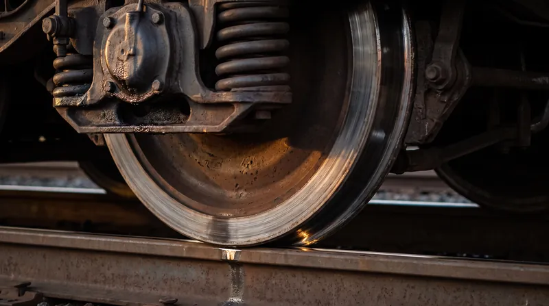 A close-up photograph of a steel train wheel resting on a steel railway track, highlighting the small contact area.
