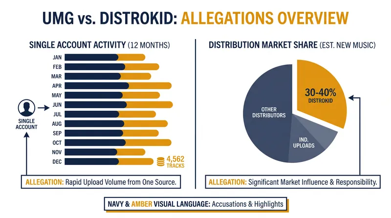 UMG's complaint highlights the massive volume of tracks uploaded by individual accounts as evidence of automated generation.