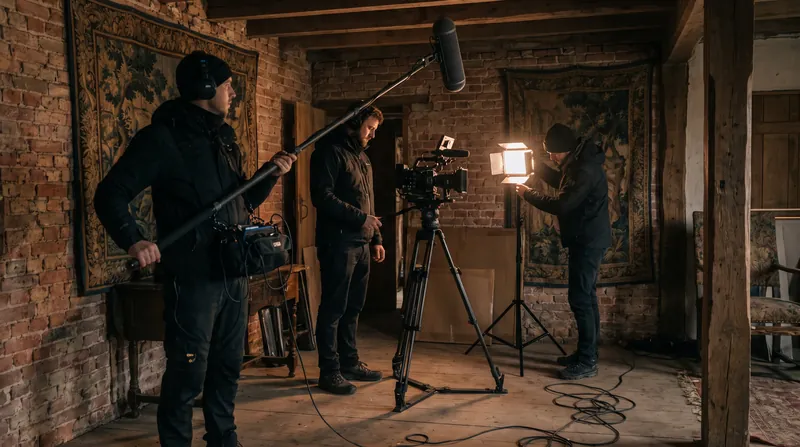 A documentary film crew consisting of a camera operator and a boom mic operator setting up equipment in a dark room.