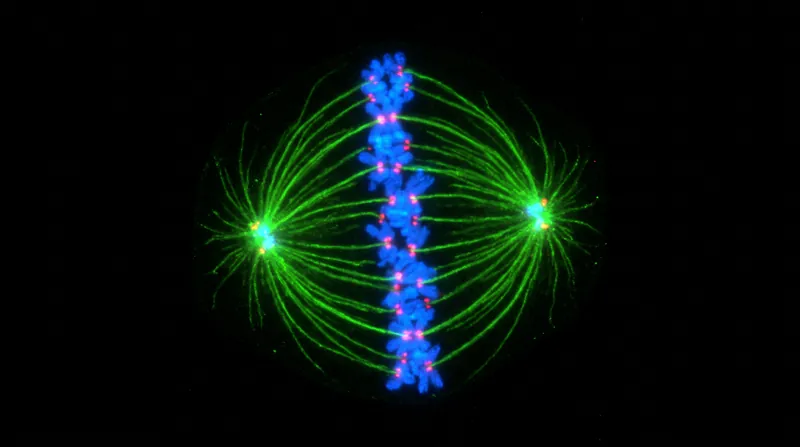 Fluorescence microscopy of a dividing cell showing blue chromosomes aligned at the center with green spindle microtubules.