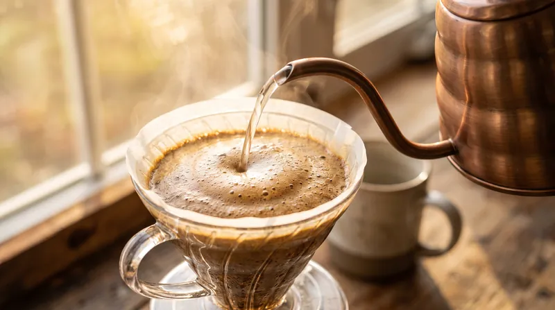 Hot water pouring from a gooseneck kettle over fresh coffee grounds in a glass dripper.