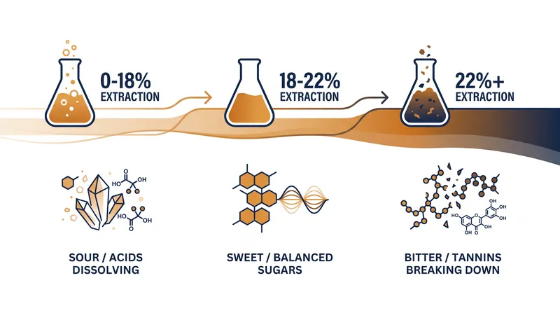 Different flavor compounds dissolve at different rates, with sour fruit acids extracting first and bitter tannins extracting last.