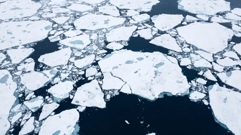 Aerial view of bright white fragmented sea ice floating in dark navy blue ocean water.