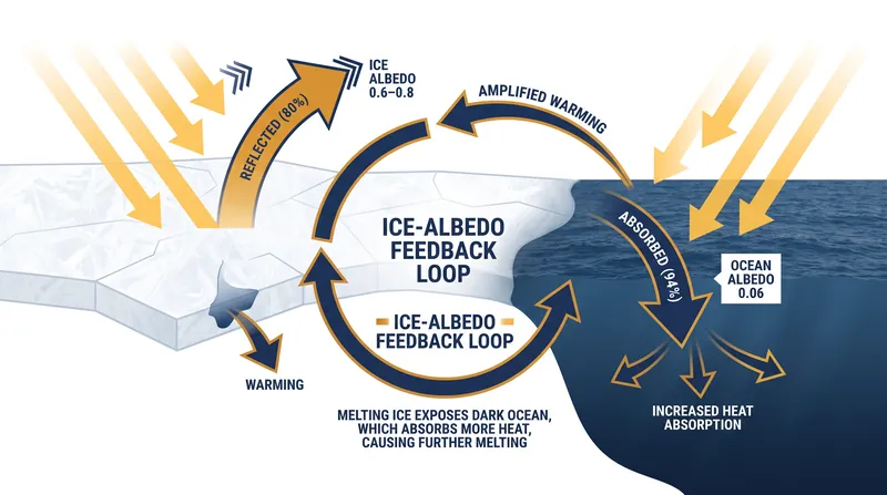 When ice melts, the surface transitions from reflecting the majority of solar radiation to absorbing nearly all of it.
