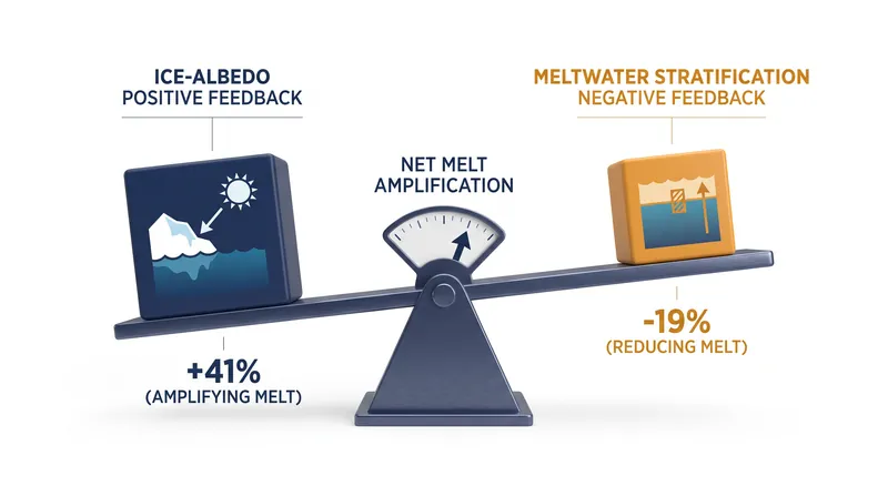 The warming effect of the albedo shift is partially offset by the insulating properties of fresh meltwater.