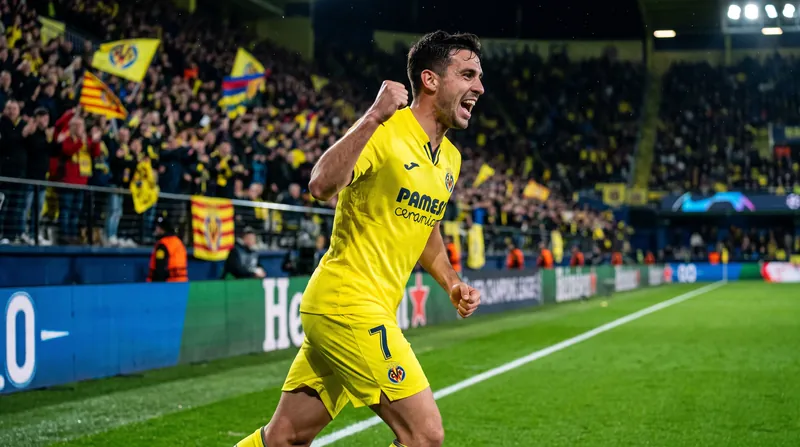 A Villarreal soccer player in a yellow kit celebrates a goal on the pitch at night.