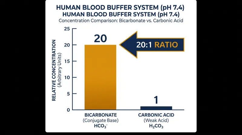 To maintain a physiological pH of 7.4, the human body sustains a 20-to-1 ratio of bicarbonate to carbonic acid.