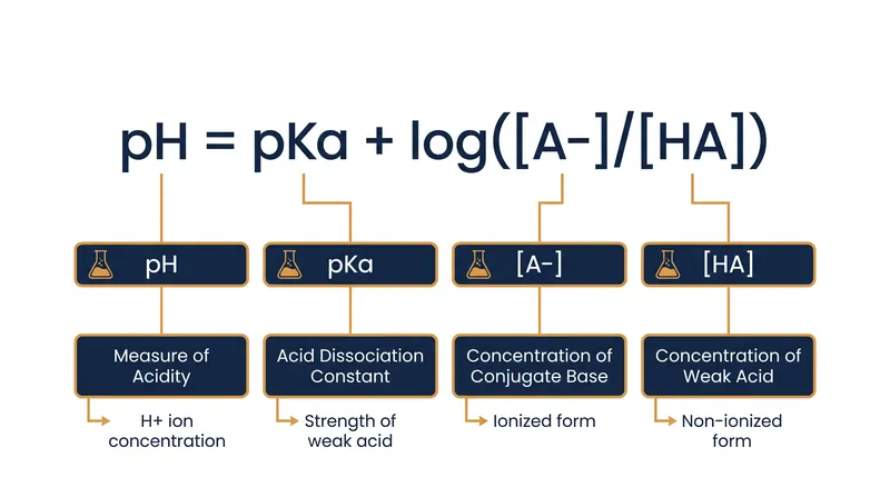 The mathematical relationship between pH, the acid dissociation constant (pKa), and the ratio of conjugate base to weak acid.