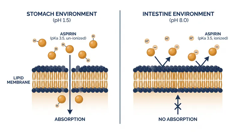 The equation predicts that weak acid drugs like aspirin are absorbed in the acidic stomach but trapped in the alkaline intestine.