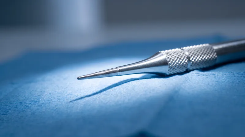 Macro photograph of a metal dental scaler resting on a blue surgical tray under bright clinical lighting.