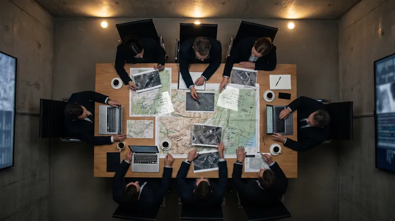 Top-down view of defense analysts working over maps and satellite imagery at a strategic planning table.