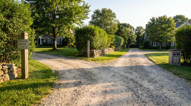 A shared gravel driveway running between two residential properties with green lawns and clear boundary lines.