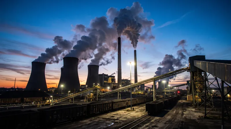 A massive industrial coal power plant at dusk with thick smoke rising from its cooling towers.