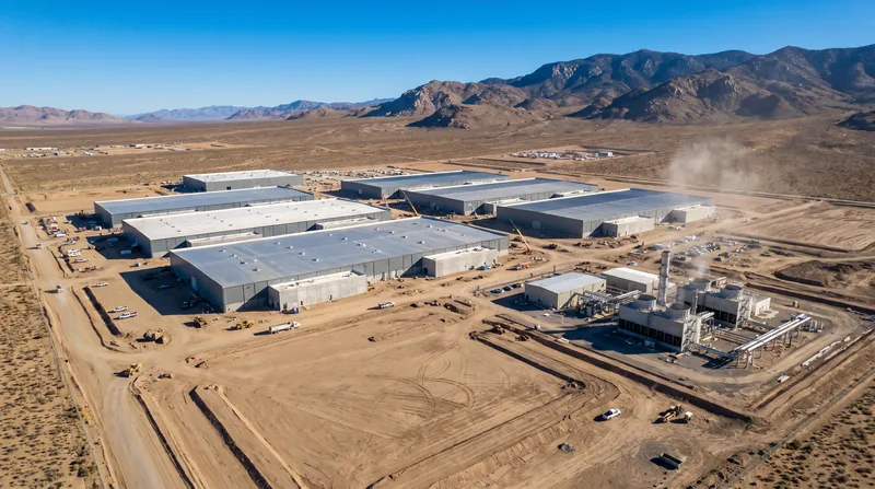 Aerial view of a large data center campus under construction in a desert landscape.