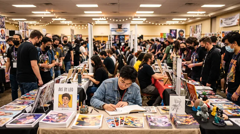 A crowded artist alley at a comic convention with independent artists selling prints to attendees.