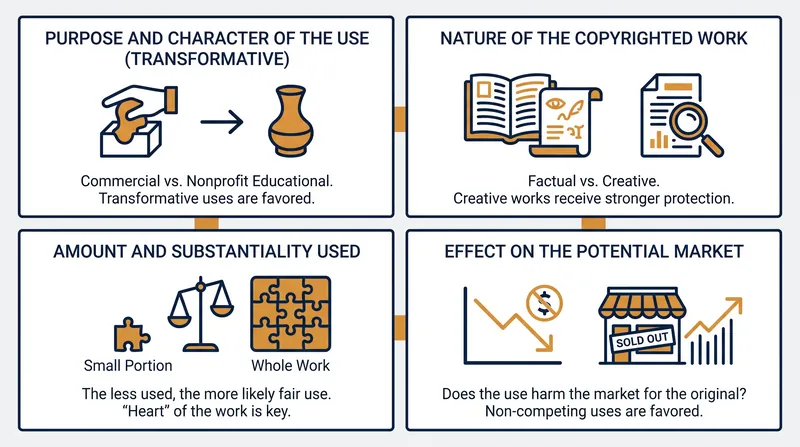 The four-factor test determines whether a secondary work qualifies as fair use under U.S. copyright law.