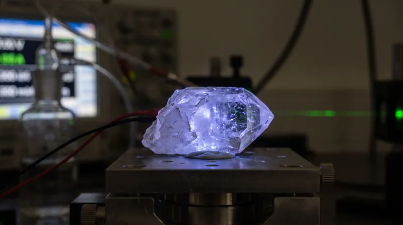 A glowing quartz crystal emitting a faint blue-ultraviolet light in a dark laboratory setting.