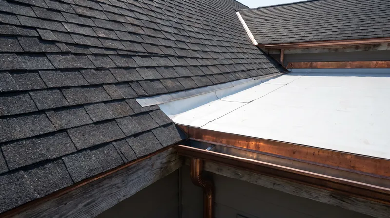 A residential roof showing a steep asphalt shingle section transitioning into a low-slope porch roof.