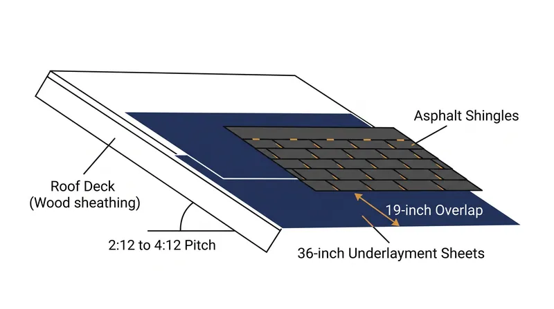 The IRC requires a 19-inch overlap on 36-inch sheets to create a continuous two-ply barrier on low-slope roofs.