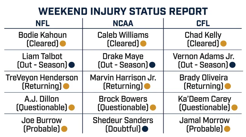 Key gridiron injury updates for the third week of September.