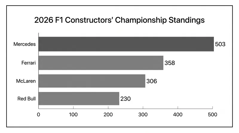 Mercedes holds a commanding 145-point lead over Ferrari in the Constructors' Championship.