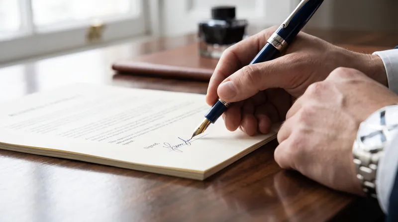 A person's hand holding a pen, signing a formal business contract on a wooden desk.