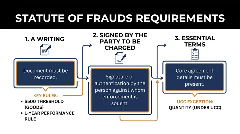 The three mandatory elements that elevate an agreement from an unenforceable oral promise to a valid contract under the Statute of Frauds.
