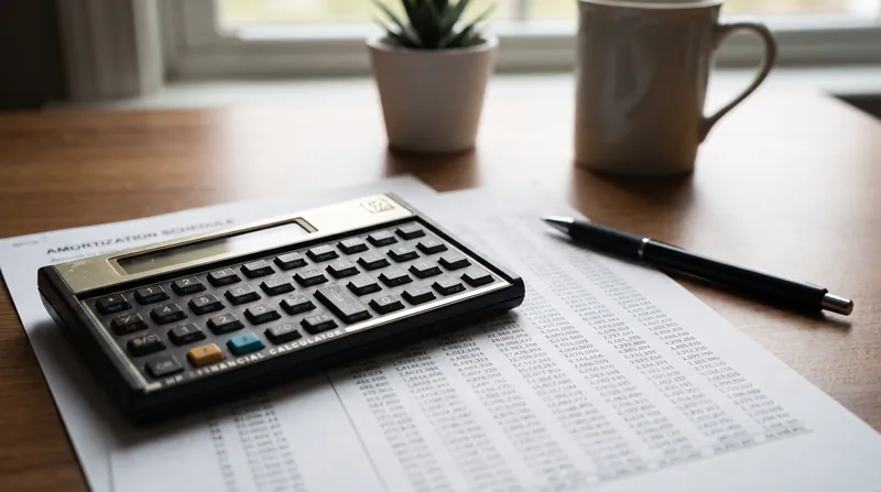 A financial calculator resting on a printed amortization schedule next to a pen on a desk.