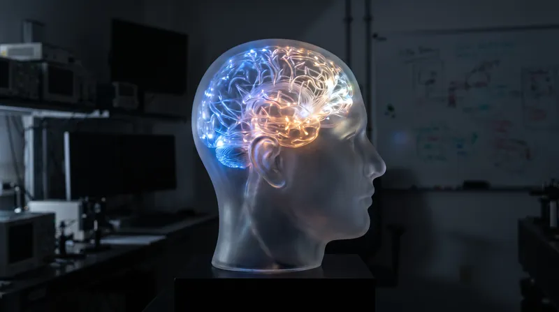 A conceptual visualization of a human head with glowing neural pathways representing visual and auditory memory systems.